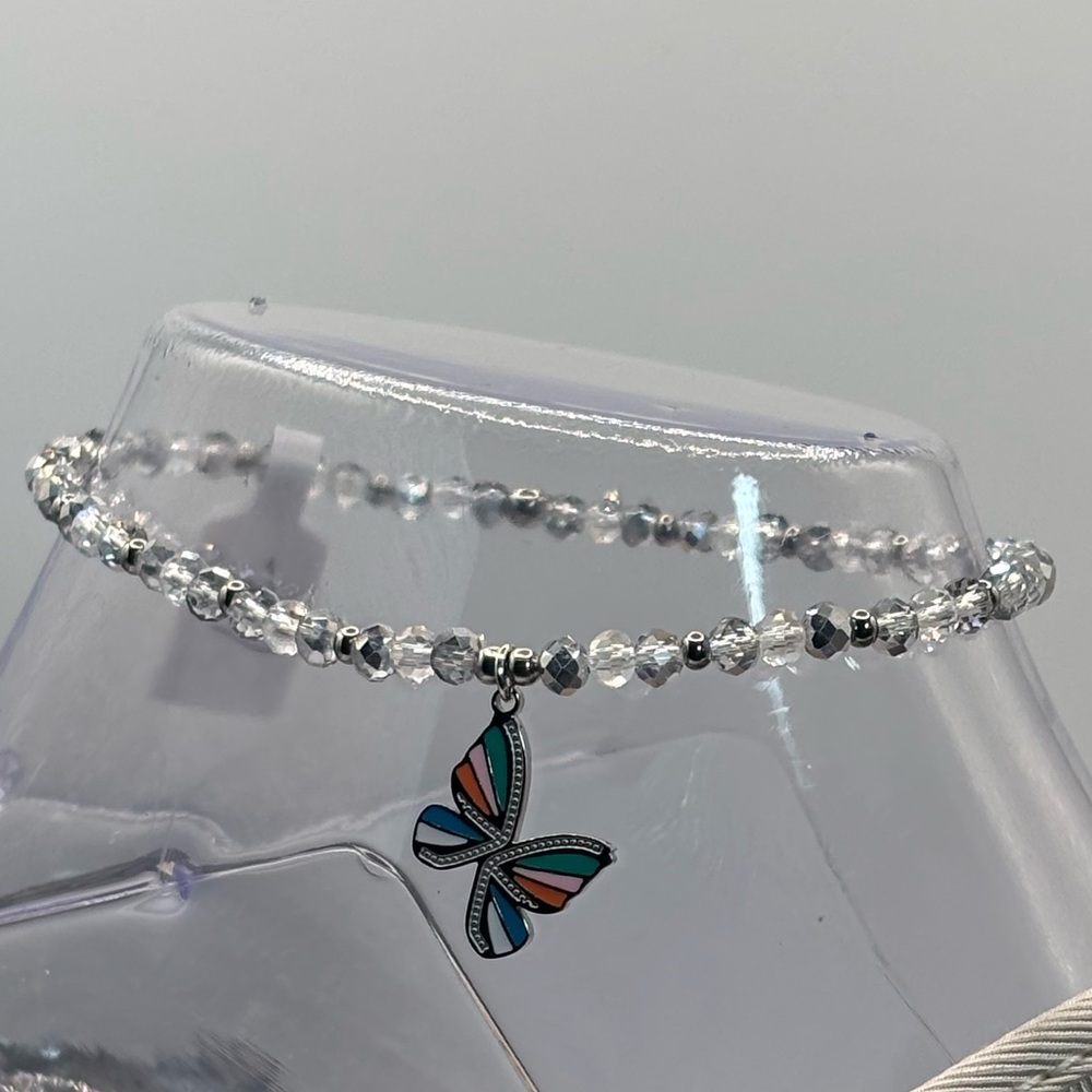 *ANKLET* S. Steel Silver Butterfly & Silver Crystal Stretchy Anklet - Picture 4 of 6